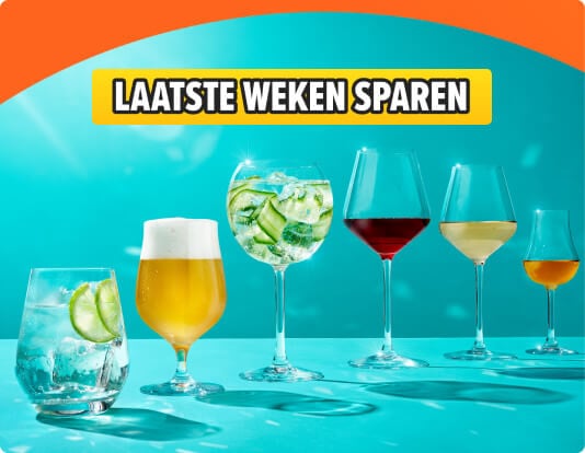 Laatste weken: Spaar voor sprankelende glazen van chef en sommulier. Nu een set van 2 glazen al vanaf 3,49 bij inlevering van 75 punten. 